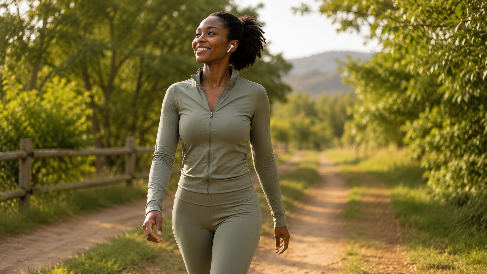 Une femme en tenue de sport marche sereinement en plein air, dans une nature verdoyante.
